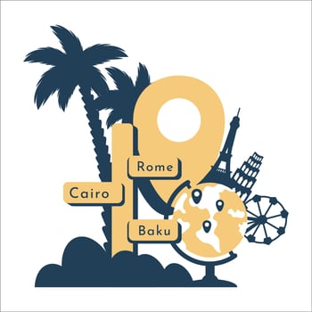 Trip template with location symbol, landmarks, palms, globe, pointer. Summer travel background.Tourism travelling concept. Vector flat illustration for web, promotional, advertising, journey agency.