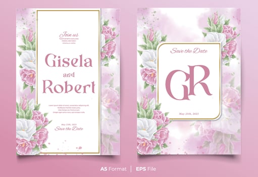 watercolor wedding invitation template with white and pink flower ornament vector