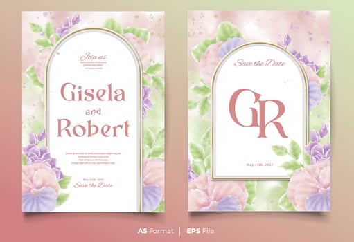 watercolor wedding invitation template with pink and purple flower ornament vector