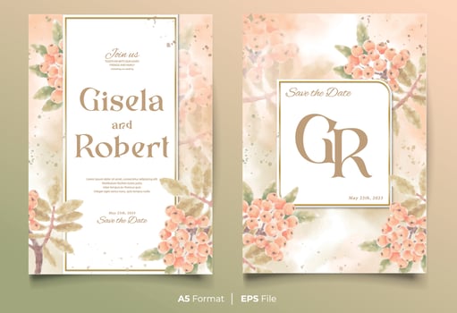 watercolor wedding invitation template with orange and green flower ornament vector
