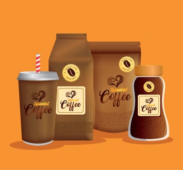 branding mockup coffee shop, corporate identity mockup, zip package, bag paper, disposable and bottle of special coffee vector