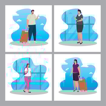 set scenes, tourist people with luggage in airport terminal vector