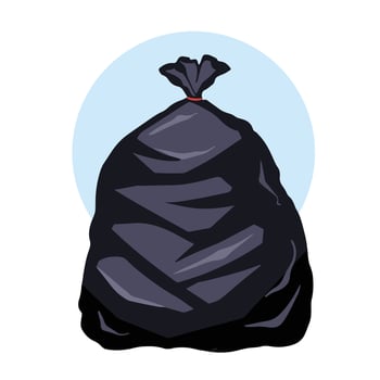 Black plastic garbage bag vector illustration isolated on white background. Cleaning and house work themed drawing with simple flat colored art style.