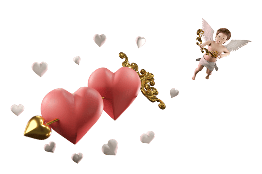 Couple of  hearts pierced by arrow  of shooting cupid. png