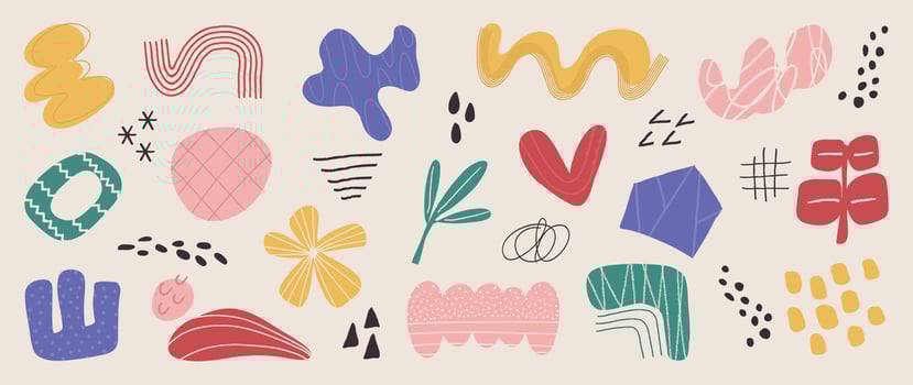 Set of doodle element vector illustration. Hand drawn vibrant color icon collection of abstract organic shapes and lines, scribble, flower, leaf. Design for comic, logo, tattoo, sticker, decoration.