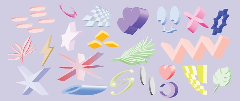 Set of 3d geometric shapes vector. Colorful holographic retro pop art design of geometric realistic element icon, star, heart, grid, leaf, comic face. Design for logo template, banner, decoration. vector