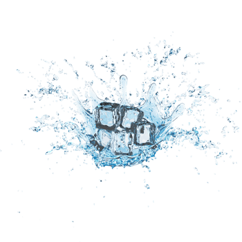3d ice cubes with water splash transparent, clear blue water scattered around isolated. 3d render illustration png