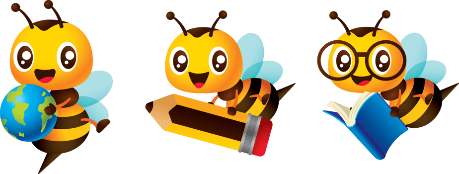 Little bee back to school collection. Cartoon honey bee education theme with holding book, pencil and globe character illustration png