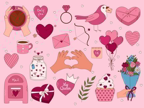 Valentine's Day Hand drawn elements for posters, greeting cards, banners and invitations. Big set of heart, sweets, coffee, cupcake, key, candy, letter, diamond, flower, gift, balloon vector