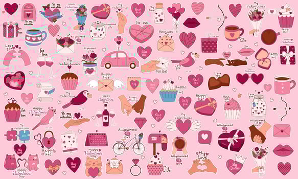 Valentine's Day Hand drawn elements for posters, greeting cards, banners and invitations. Big sticker set of heart, sweets, coffee, cupcake, key, candy, letter, diamond, flower, gift vector