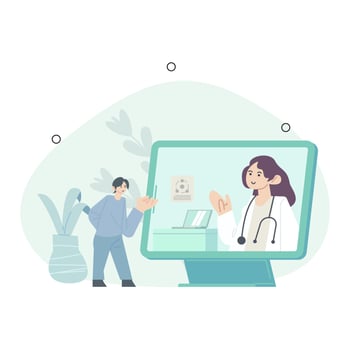 Online medical services illustration. Patients meeting with doctors online, having consultation and receiving digital prescription. Telemedicine and e-health concept. Vector illustration.