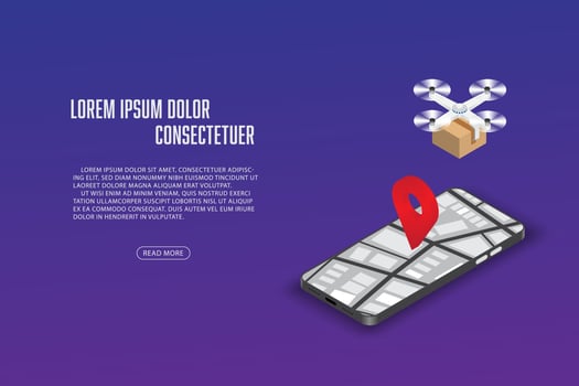 Vector fast delivery with drone concept. Smart phone application. Isometric template web banner design.