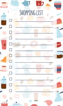 Vector shopping list template with coffee icons background. Memo pages, to do, daily planner.