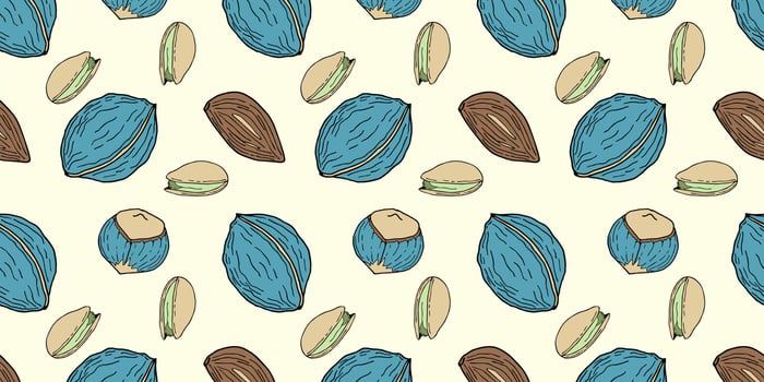 Seamless pattern with blue nuts hand drawn doodle - walnut, hazelnut, almond. vector