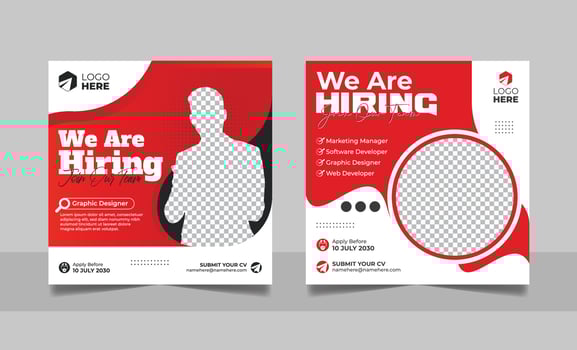 We are hiring social media post job vacancy banner template with black red color. corporate employee recruitment square flyer design. vector