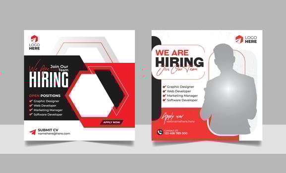 We are hiring social media post job vacancy banner template with black red color. corporate employee recruitment square flyer design. vector