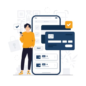 E wallet, digital payment, online transaction with woman standing and holding mobile phone concept illustration vector