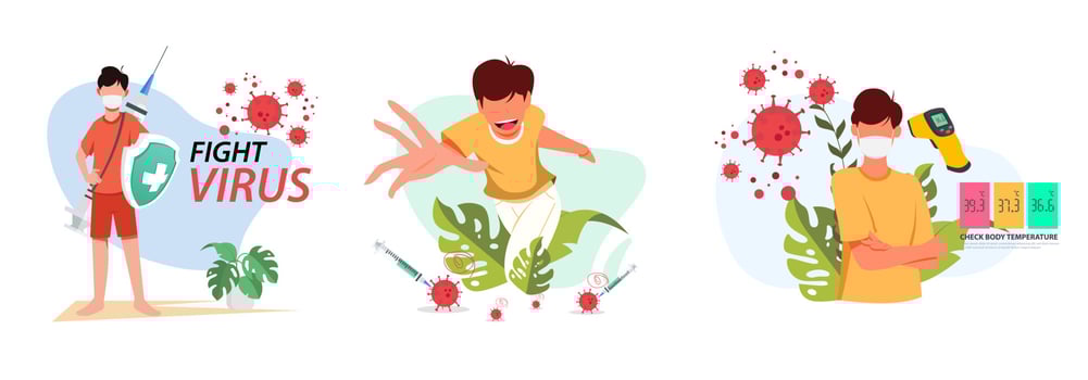 Set people fight coronavirus covid-19 virus novel 2019-ncov sars-cov2. defend and protect from virus concept vector