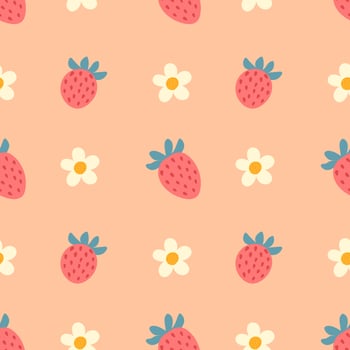 Cute strawberries and flowers hand drawn seamless pattern background vector