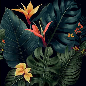 Green tropical forest background monstera leaves, palm leaves, branches. Exotic plants background for banner, template, decor, postcard. Abstract foliage and botanical wallpaper - Vector