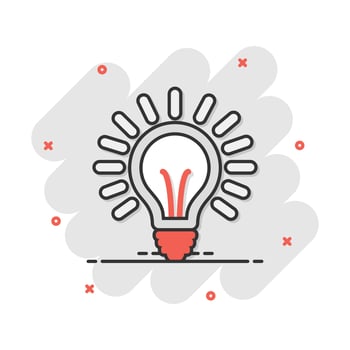 Vector cartoon light bulb icon in comic style. Lighting electric sign illustration pictogram. Idea lightbulb business splash effect concept.