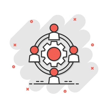 Vector cartoon outsourcing collaboration icon in comic style. People cooperation concept illustration pictogram. Teamwork business splash effect concept.