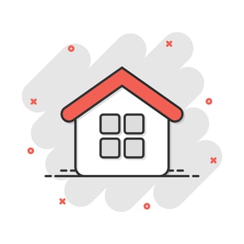 House building icon in comic style. Home apartment vector cartoon illustration pictogram. House dwelling business concept splash effect.