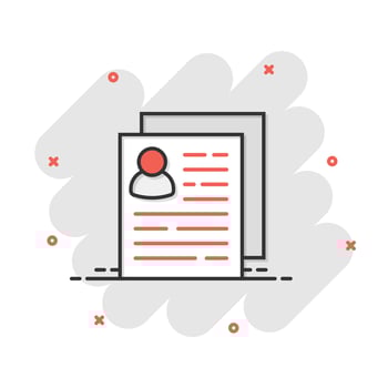 Resume icon in comic style. Contract document vector cartoon illustration pictogram. Resume business concept splash effect.