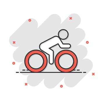 People on bicycle sign icon in comic style. Bike vector cartoon illustration on white isolated background. Men cycling business concept splash effect.