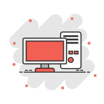 Pc computer icon in comic style. Desktop cartoon vector illustration on white isolated background. Device monitor splash effect business concept.