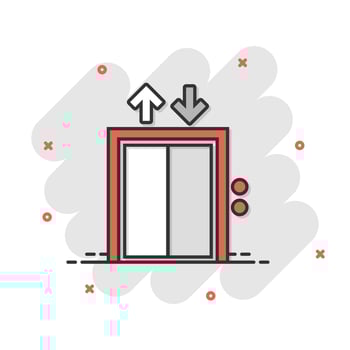 Elevator icon in comic style. Lift cartoon vector illustration on white isolated background. Passenger transportation splash effect business concept.
