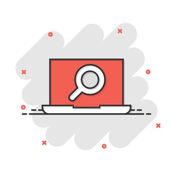 Computer search icon in comic style. Laptop with magnifying glass cartoon vector illustration on white isolated background. Device display splash effect business concept.