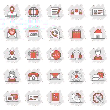 Contact icon set in comic style. Phone communication cartoon vector illustration on white isolated background. Website equipment splash effect business concept.