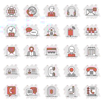 Contact icon set in comic style. Phone communication cartoon vector illustration on white isolated background. Website equipment splash effect business concept.