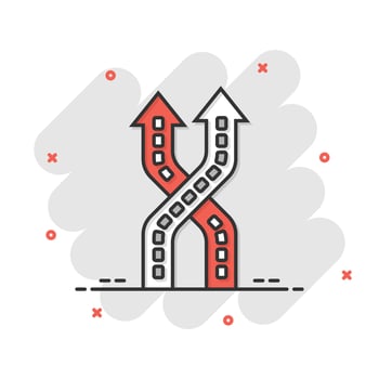 Crossroad icon in comic style. Road direction navigation cartoon vector illustration on white isolated background. Locate pin position splash effect business concept.