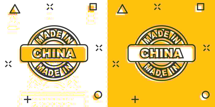 Cartoon made in China icon in comic style. Manufactured illustration pictogram. Produce sign splash business concept. vector
