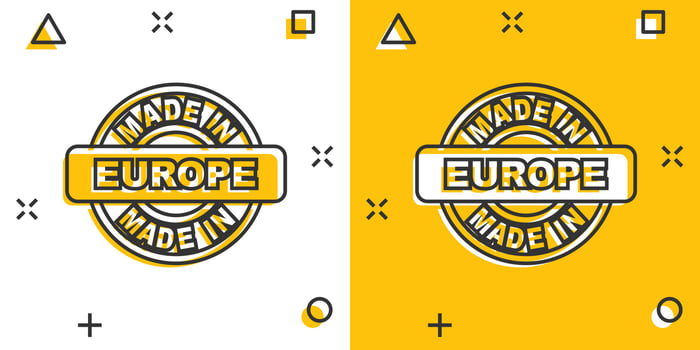 Cartoon made in Europe icon in comic style. Manufactured illustration pictogram. Produce sign splash business concept. vector
