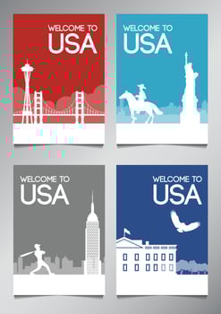 USA famous landmark and symbol in silhouette style with national flag color theme brochure set,vector illustration vector