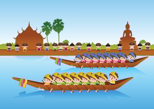 long boat race,colorful cartoon style,sport and festival of Asian,around with nature and country style,vector illustration vector