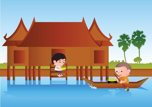 Big bubble head man cartoon give food to monk on boat,around with rural life style nature scene,colorful vector illustration