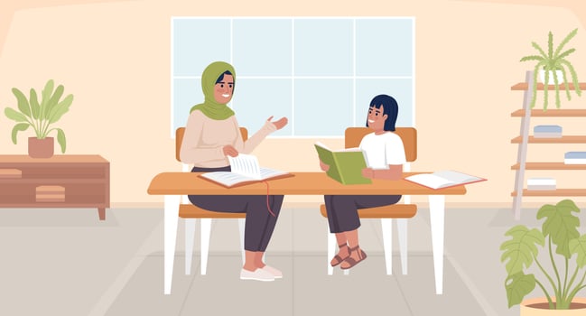 Help child to relieve struggles with learning flat color vector illustration. Mother explaining daughter assignment. Fully editable 2D simple cartoon characters with living room interior on background