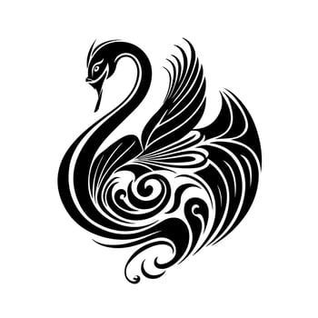 Cute ornamental black swan. Decorative, monochrome illustration for logo, emblem, mascot, embroidery, wood burning, crafting. vector