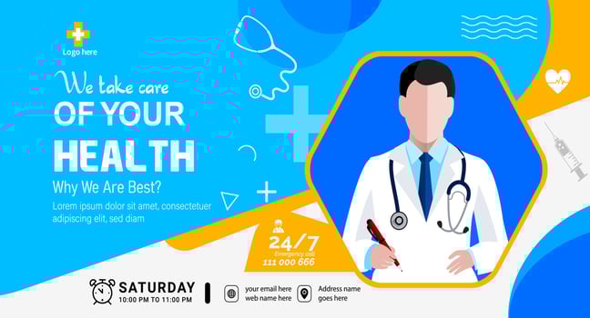 Healthcare and medical service Doctor banner, Medical health Social media cover design. Realistic hospital webinar template. vector