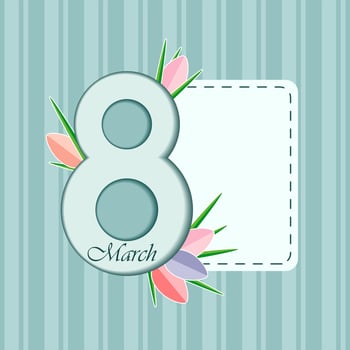 Turquoise World Women s Day card template with a vertical stripe with a space for notes and the number eight. Multicolored tulips in paper style. Vector. Square. Postcard. vector