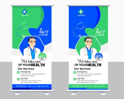 Medical roll up banner vector template design or poll up standee for healthcare hospital. Healthcare and medical roll up and standee design banner.