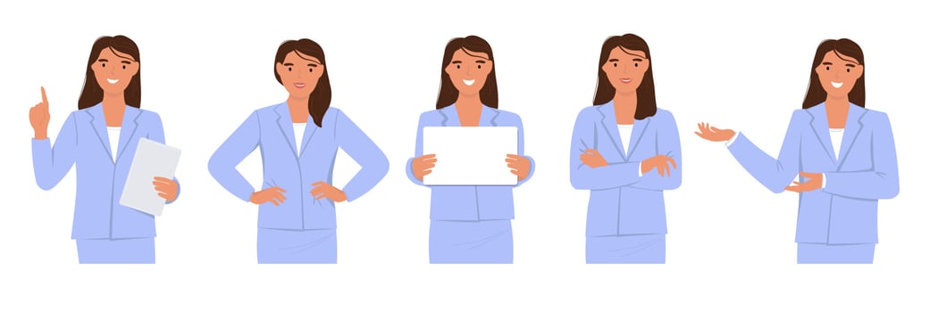 A young woman in a business suit with a tablet in different poses teaches, brings information, thinks. Vector flat graphics.