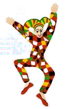 Harlequin, one of the principal characters of traditional italian comedy. Commedia dell'arte. Vector isolated illustration.