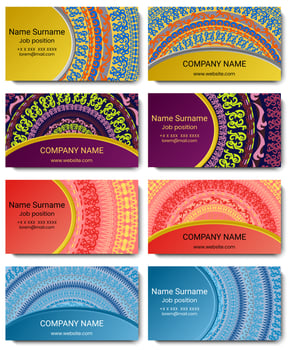 Set of vector visiting card with mandala. Geometric mandala pattern and ornaments. Front page and back page.