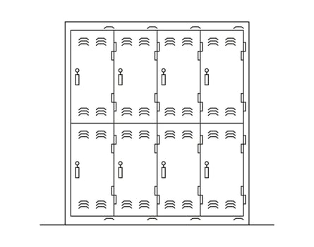 School locker line art. Black and white vector illustration.