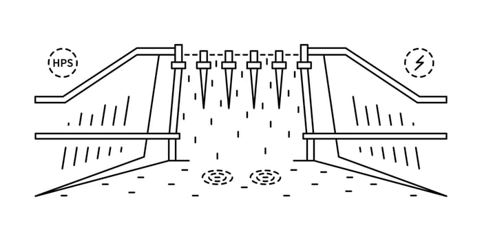 Hydropower station. Green energy. Line art concept. vector